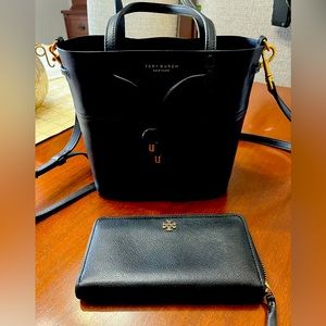 Tory Burch Black Leather Bucket Crossbody & TB Leather Wallet - Set of 2!